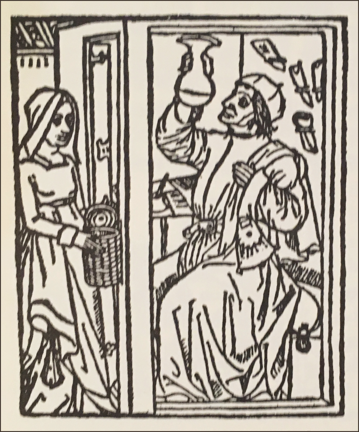 woodcut of physician with urine flask in Paracelsus book